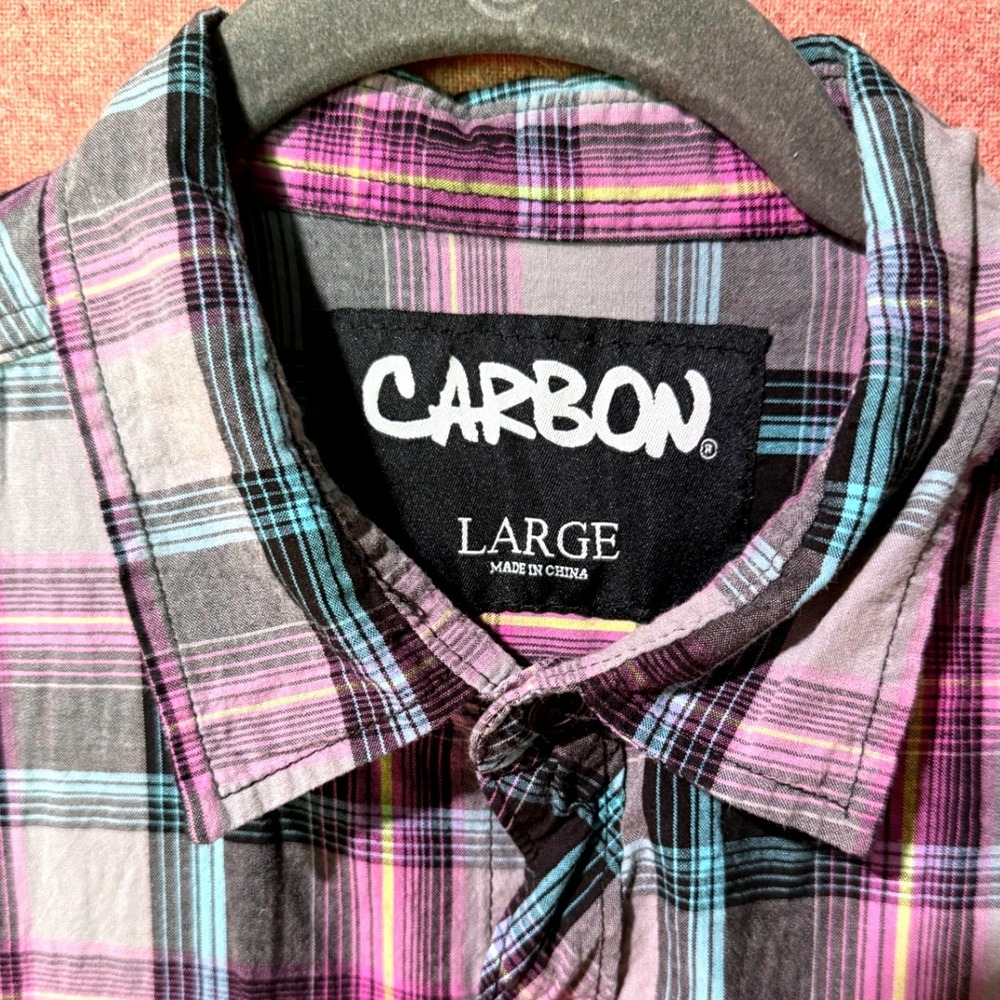 Carbon Plaid Button Up Shirt Womens Large Purple Gray Blue Cotton Grunge Y2K - Picture 2 of 5